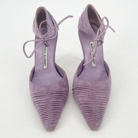 Manolo Blahnik Retro Lavender Suede Ruched Ankle Tie Pointed Toe Pump size IT 40 - Picture 6 of 11